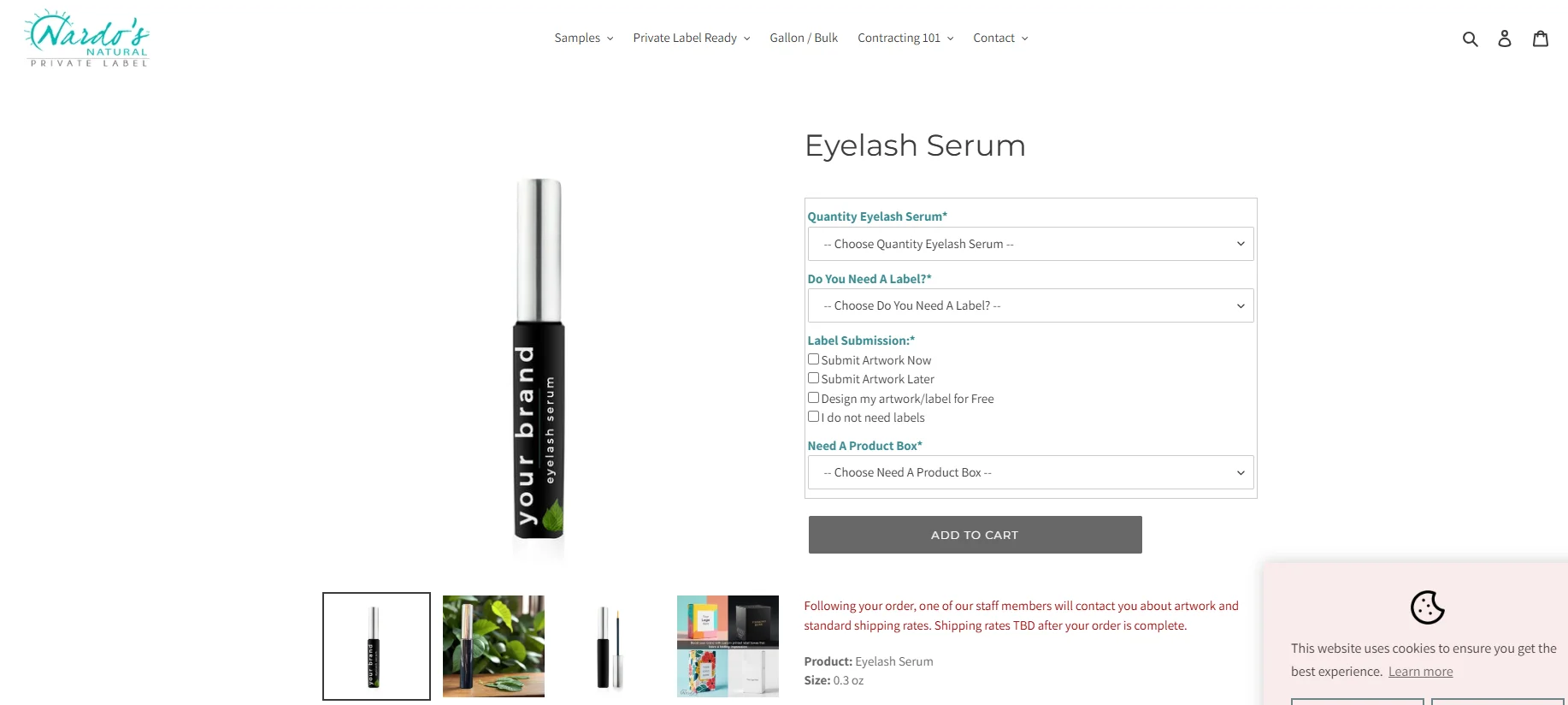 Webpage showcasing a private label eyelash serum with purchase options, customizable labels, and product details.
